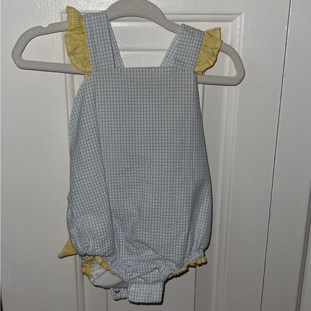 Little English Blue Checkered Bodysuit with Yellow Ruffles